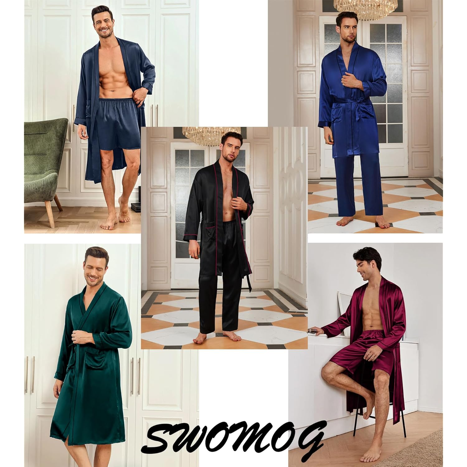 Swomog Mens 3 Pcs Satin Robe With Pants & Shorts Set Kimono Bathrobe Long Sleeve Sleepwear Pjs Sets With Pockets
