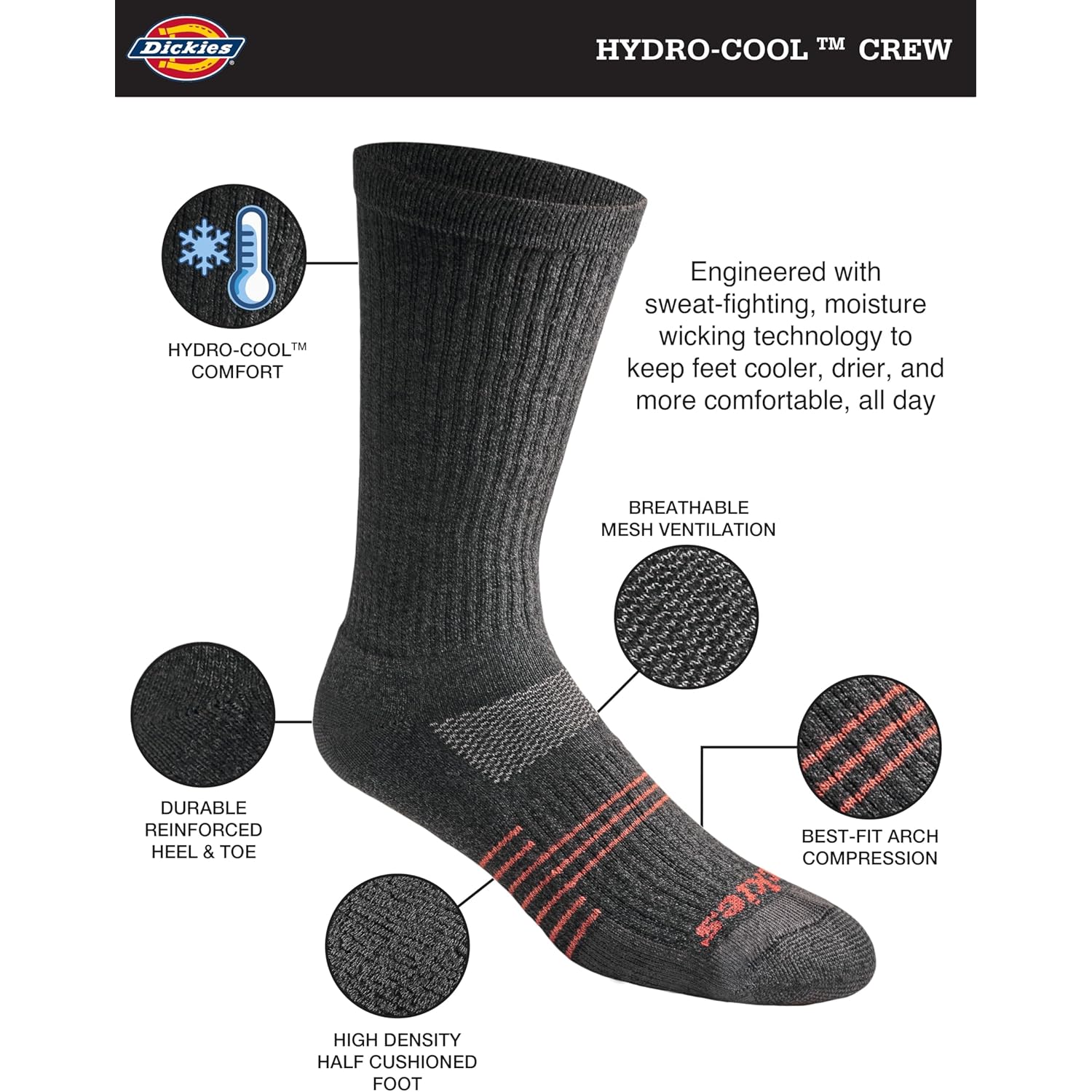 Dickies Men'S Hydro-Cool Moisture Control Crew Socks (6 Pairs)
