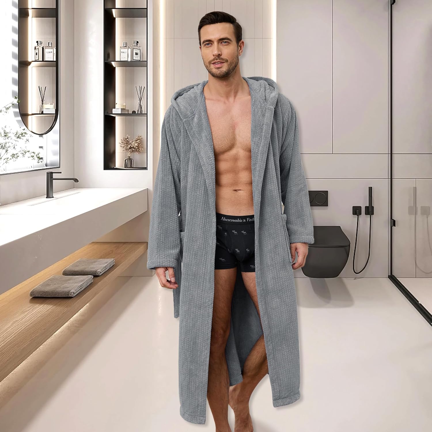 Men'S Bathrobes With Hood, Soft Long Towel Robe For Men - Super Absorbent Quick Dry Yet Warm