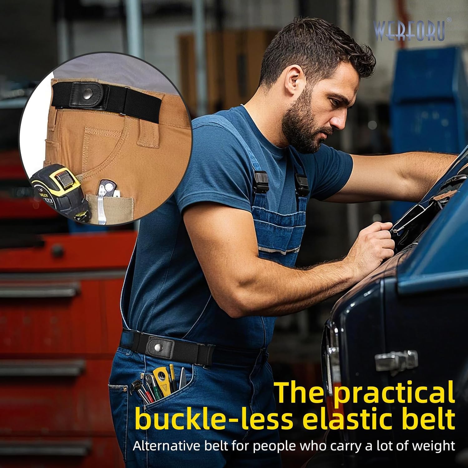 Werforu Men 2 Loop No Buckle Elastic Belt For Women Men Side Belts, Fit 1.5 Inch Belt Loop