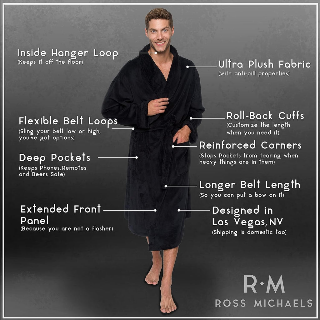 Ross Michaels Mens Robe Shawl Collar Wrap Style - Mid Length Plush Fleece Bathrobe