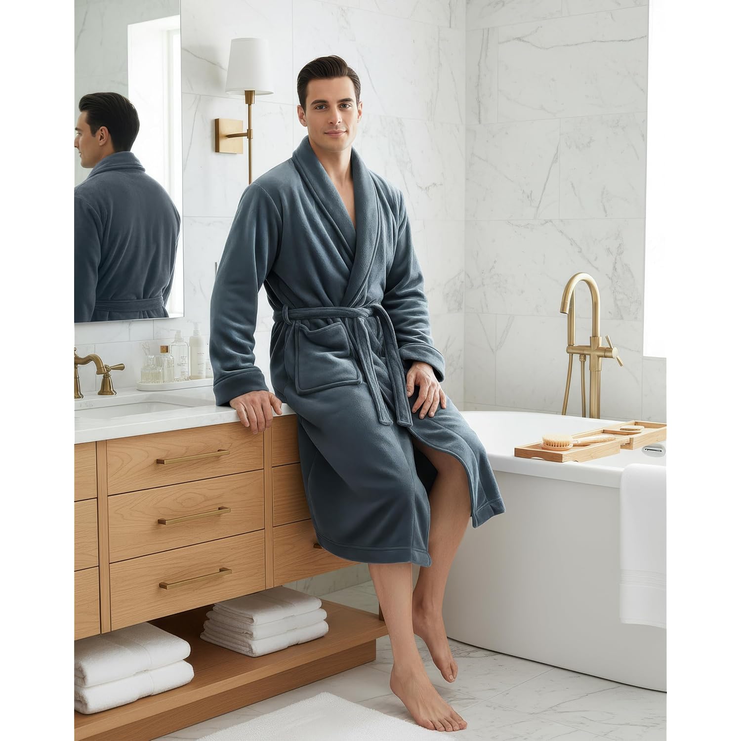 Ny Threads Mens Robe, Luxury Plush Fleece Mens Bathrobe, Spa Bath Robe For Men