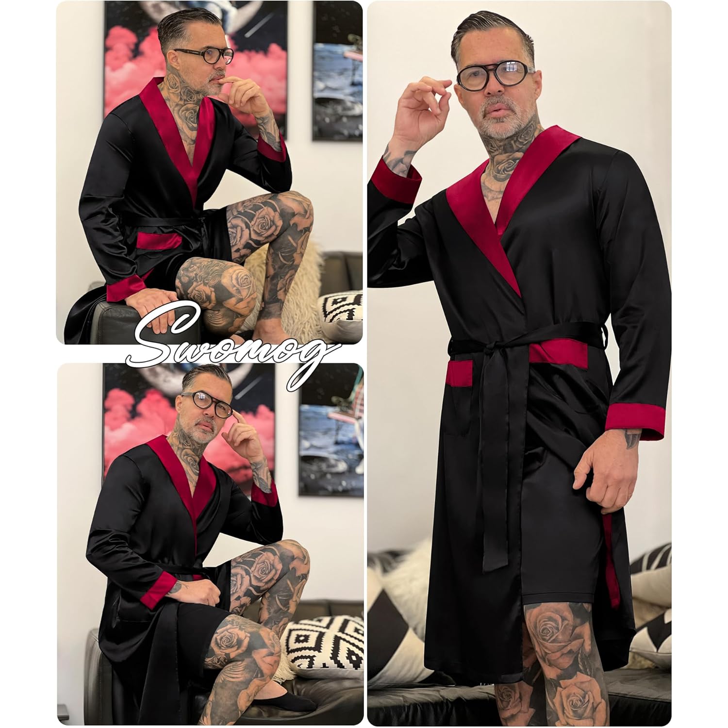 Swomog Men'S Satin Robe With Shorts Set Silky Kimono Bathrobe Lightweight Soft Sleepwear