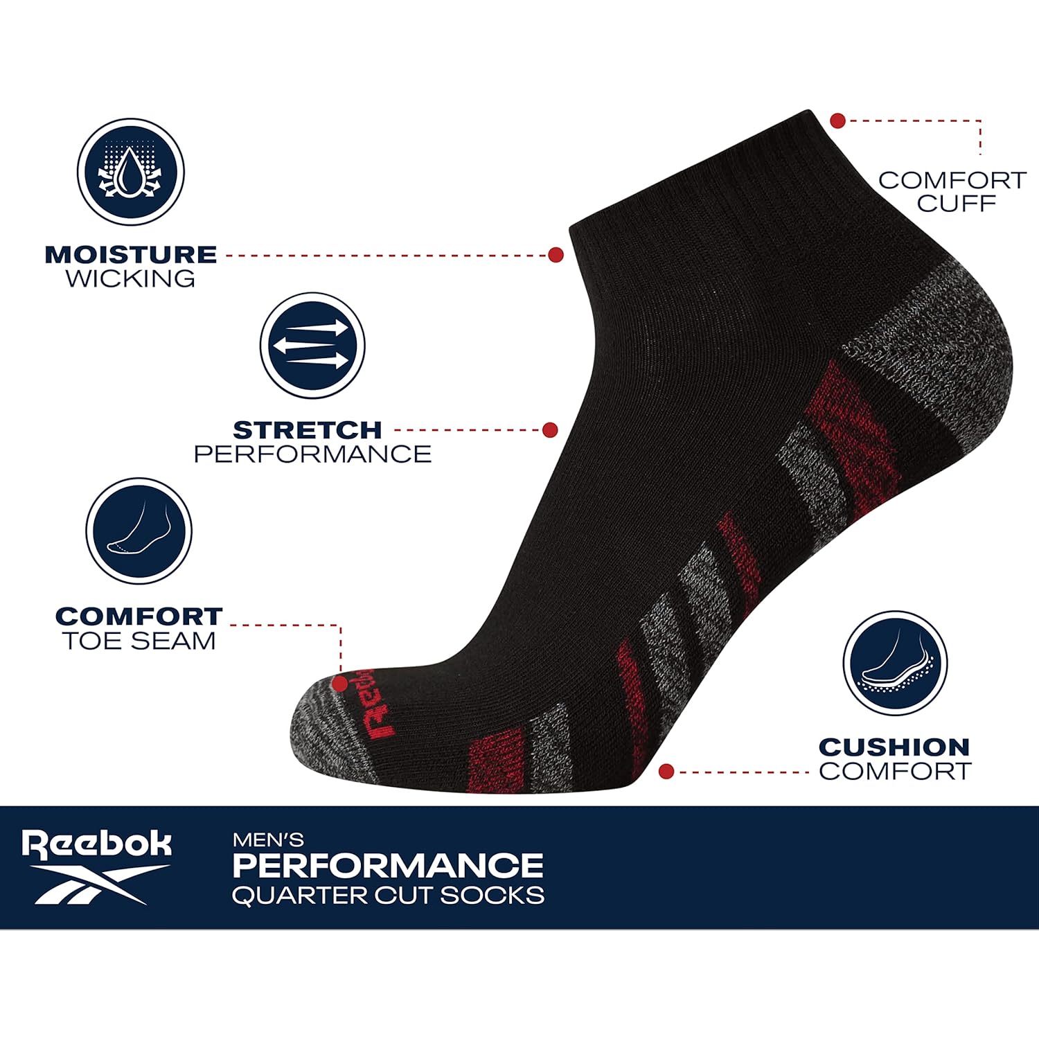 Reebok Mens Quarter Socks - 6 Pack Moisture Wicking Performance Stretch Athletic Ankle Socks For Men (Sizes: 6-12.5)