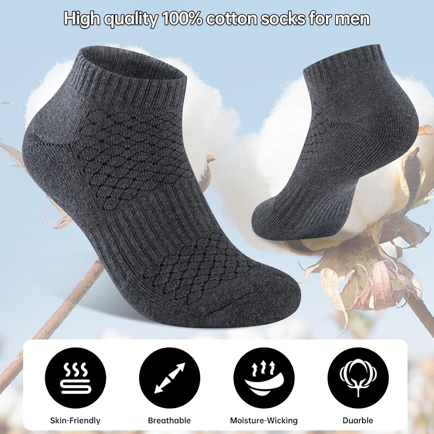 Mens 100% Cotton Cushioned Ankel Socks, Athletic Performance Running Moisture Wicking Breathable Socks