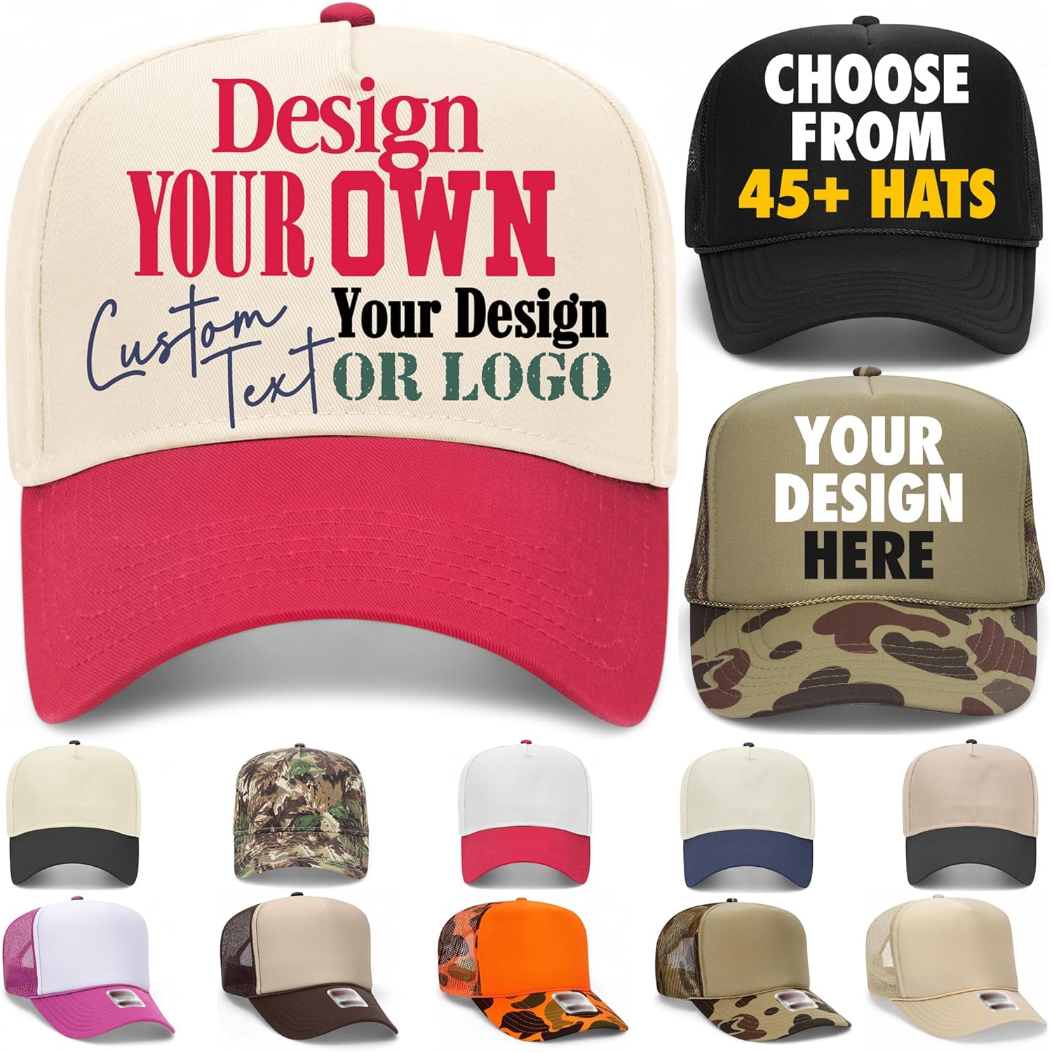 Design Your Own Custom Vintage Trucker Hat | Upload Text, Logo, Or Image | Premium Snapback Baseball Hat For Men & Women