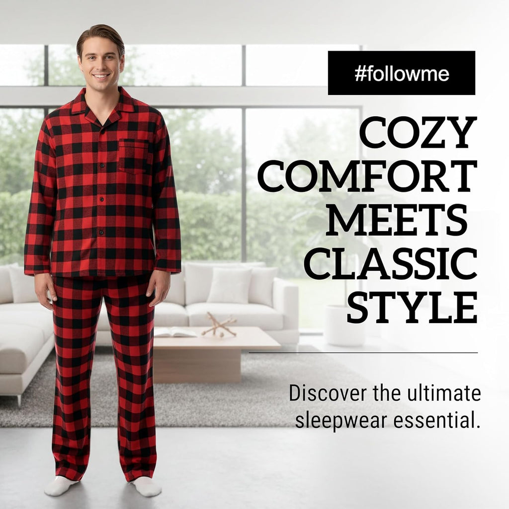 #Followme Men’S Plaid Button Front Flannel Pajamas Set - Long Sleeve Long Pant