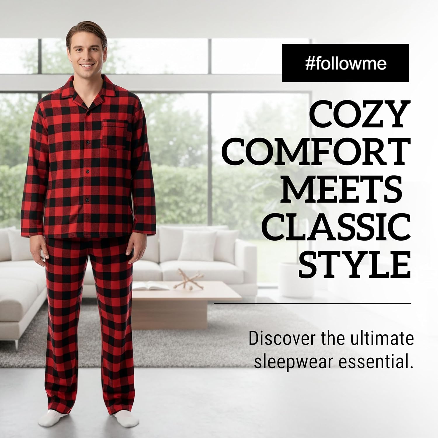 #Followme Men’S Plaid Button Front Flannel Pajamas Set - Long Sleeve Long Pant