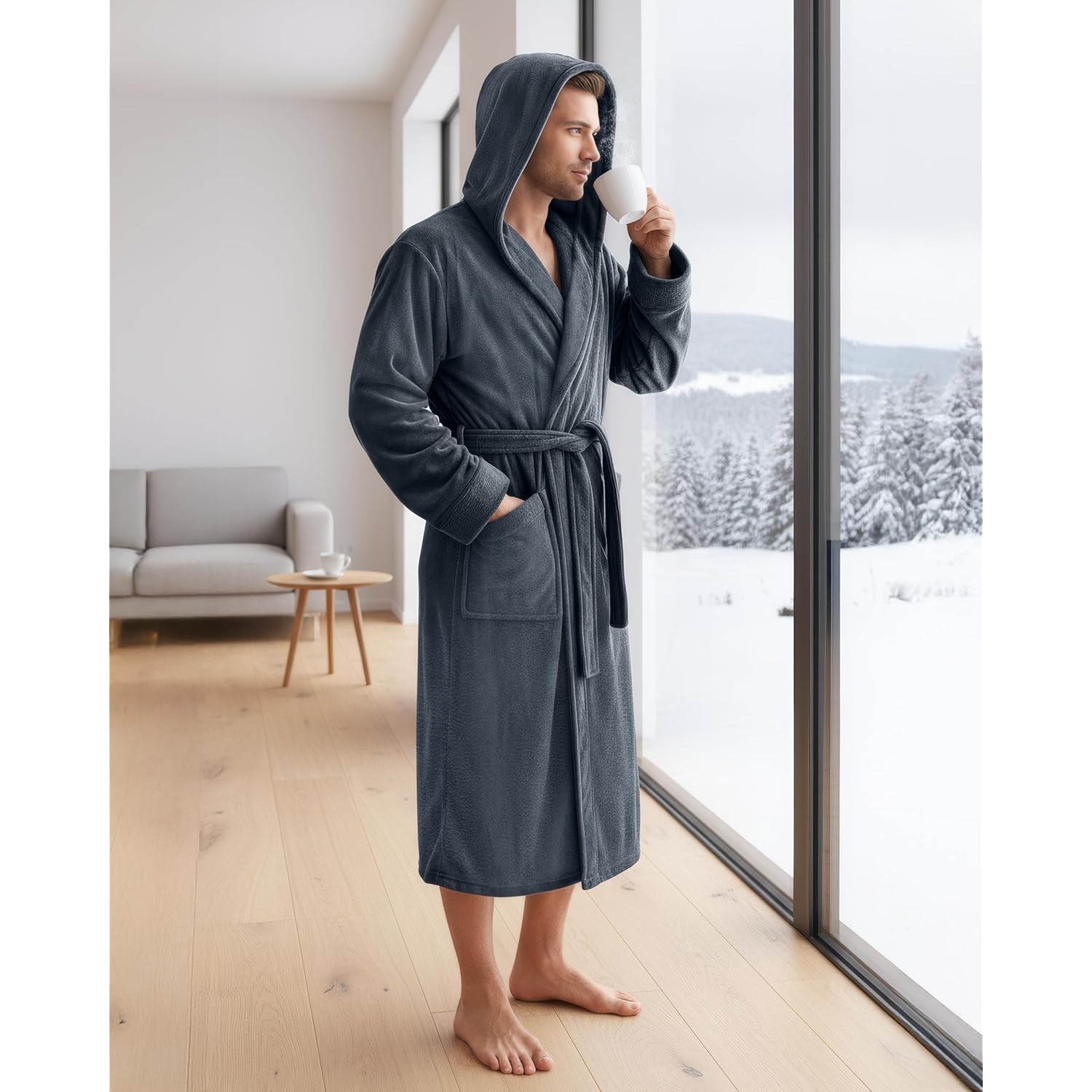 Ny Threads Mens Robe With Hood, Luxury Plush Fleece Hooded Mens Bathrobe, Spa Bath Robe For Men