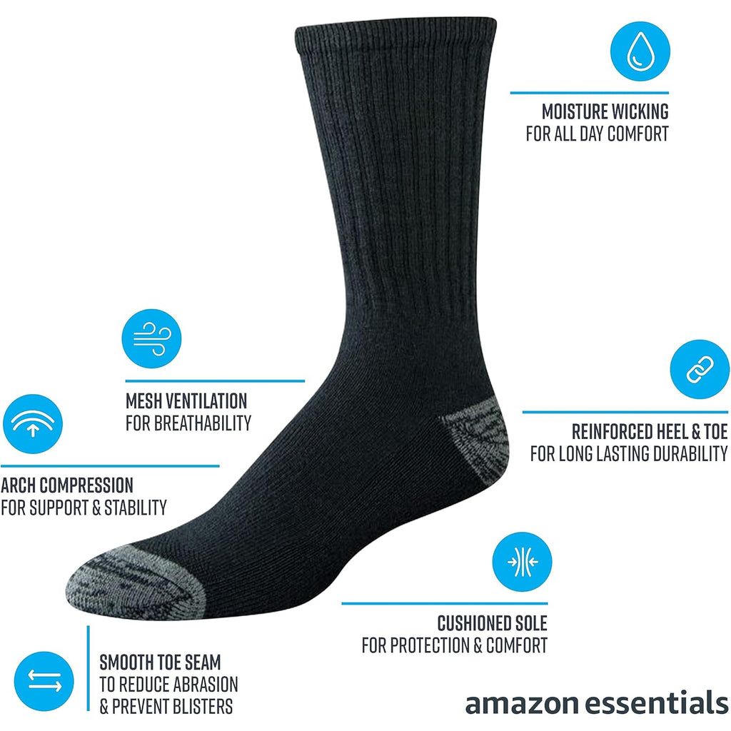 Amazon Essentials Mens Cotton Breathable Cushioned Performance Work Crew Sock