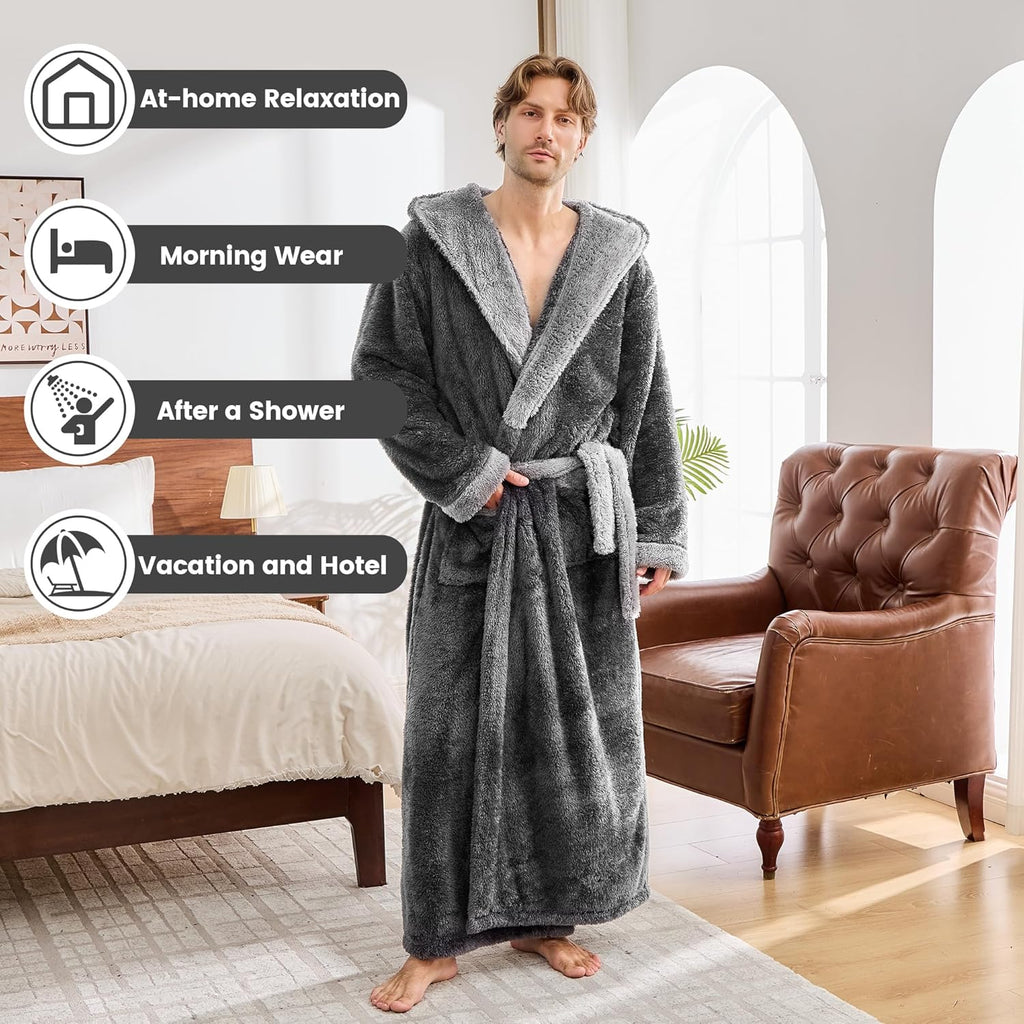 Mens Plush Robes Full Length, Big And Tall Fleece Hooded Bathrobe Warm Fluffy Cozy Winter Housecoat Floor Length