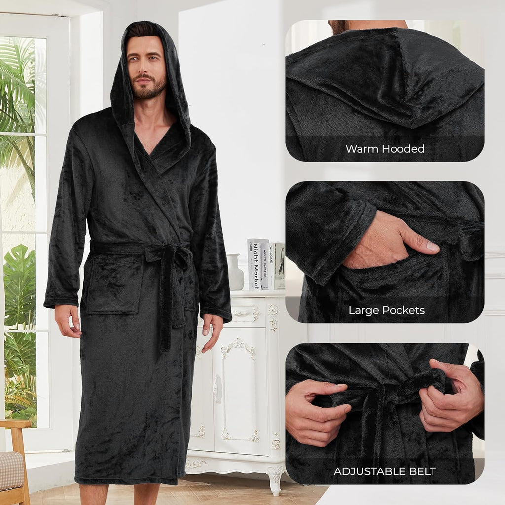 Mens Hooded Fleece Robe, Lightweight Soft Warm Fleece Bathrobe Shower Spa Long Robe With Pockets