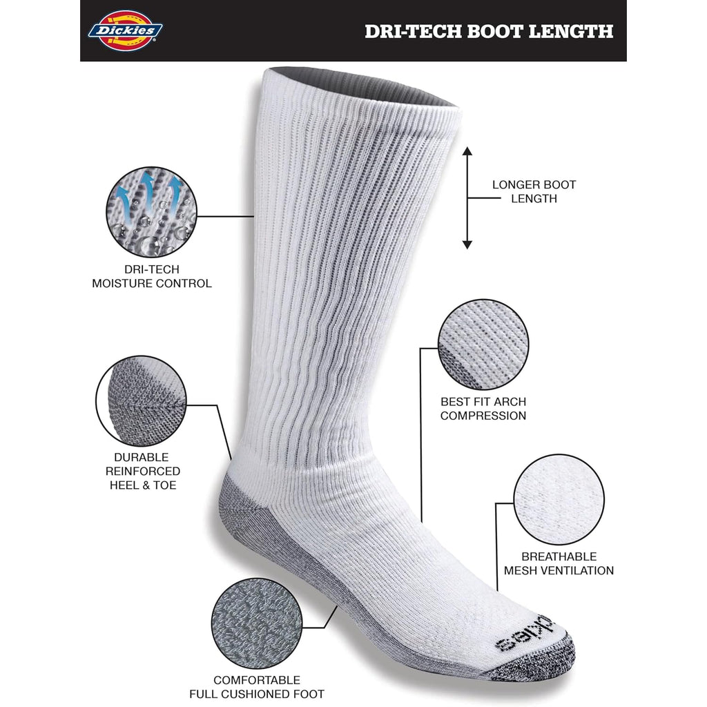 Dickies Men'S Dri-Tech Moisture Control Boot-Length Socks, Available In L-Xl (6, 12 Pairs)