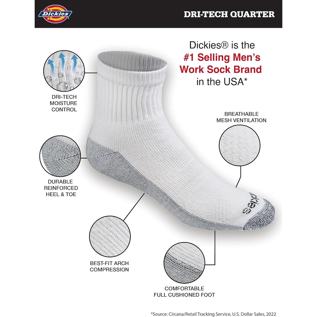 Dickies Men'S Dri-Tech Moisture Control Quarter Socks, Available In M-Xxl (6, 12, 18 Pairs)