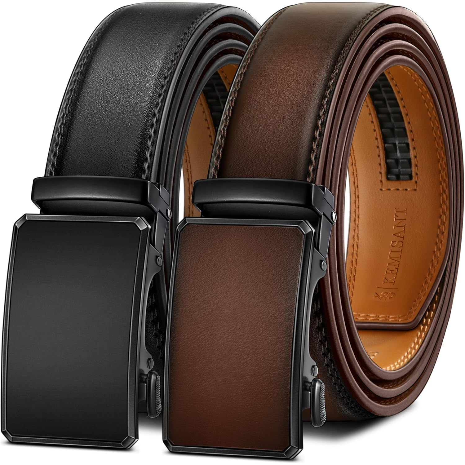 Kemisant Men Belt 2 Pack, Leather Ratchet Belt Easy Click Slide For Men 1 3/8",Cut For Fit