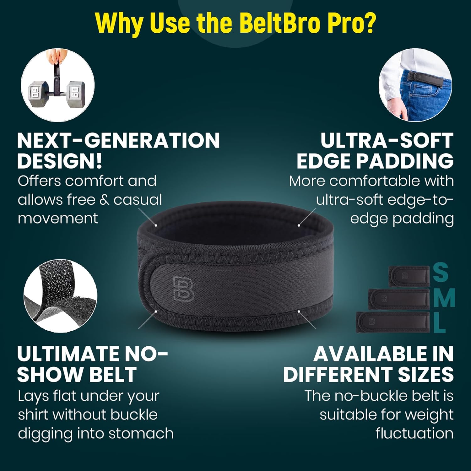 Beltbro Pro For Men – Next Generation Beltpro Buckle-Free Elastic Belt With Ultra-Soft Edge Padding - Fits 1.5 In Belt Loops