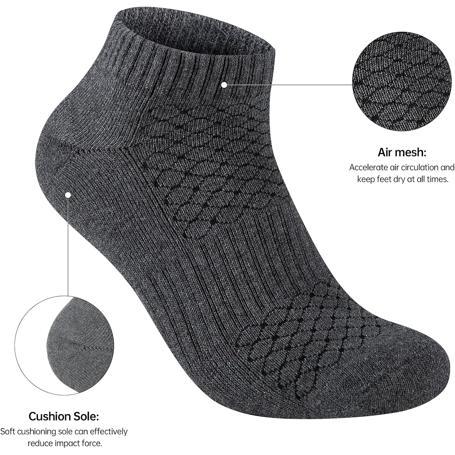 Mens 100% Cotton Cushioned Ankel Socks, Athletic Performance Running Moisture Wicking Breathable Socks