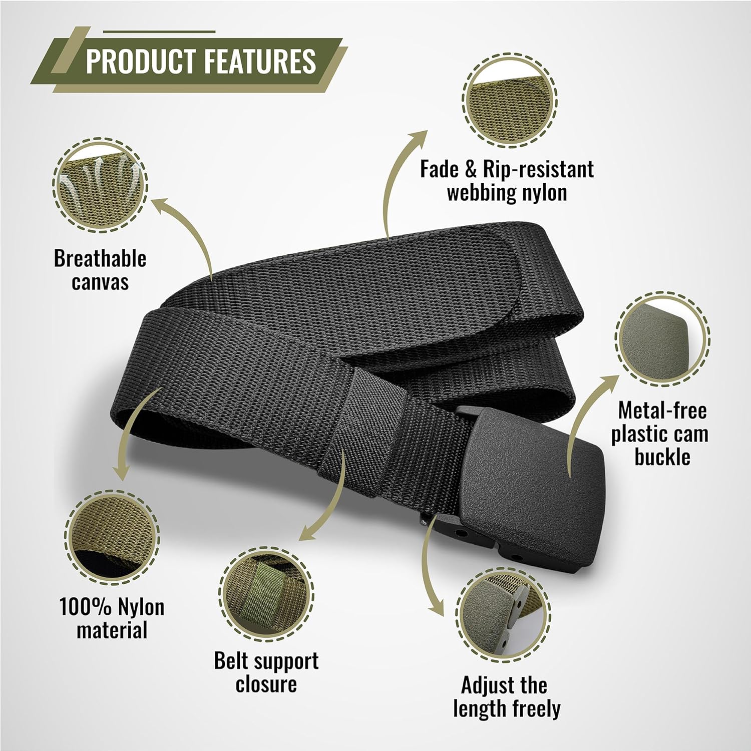 Shavit Mens Nylon Belt With Plastic Buckle, Work Web Belt For Men, Casual Adjustable Military Canvas Belts, Tsa Approved - Nickel Free - Non Metal Airport Friendly, Tsa Plastic Belts For Men Black