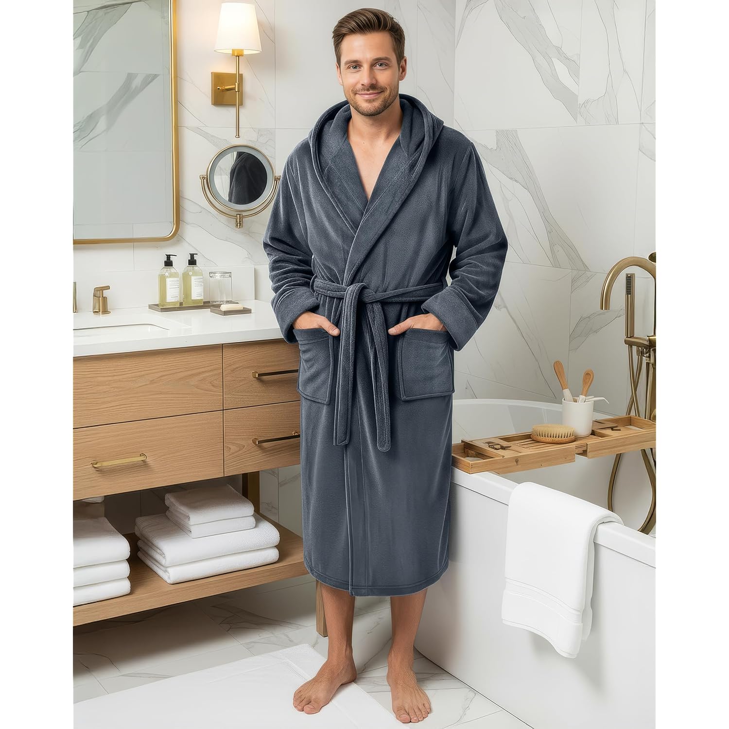 Ny Threads Mens Robe With Hood, Luxury Plush Fleece Hooded Mens Bathrobe, Spa Bath Robe For Men