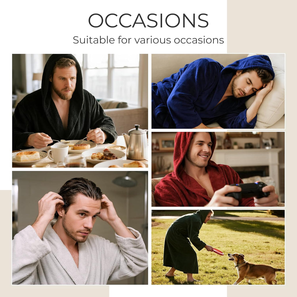 Mens Hooded Fleece Robe, Lightweight Soft Warm Fleece Bathrobe Shower Spa Long Robe With Pockets