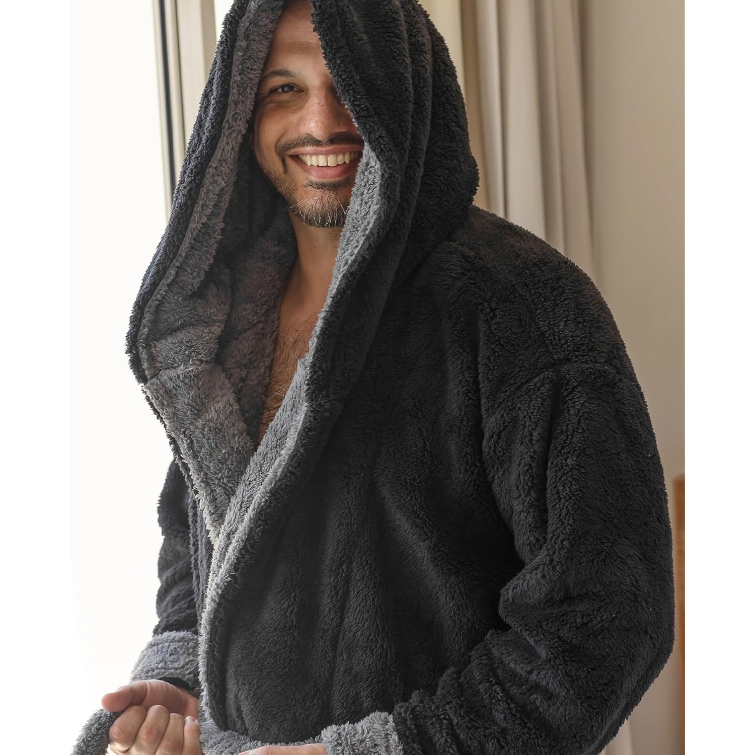 Yoimira Mens Robe With Hood, Big And Tall Plush Fleece Long Robe For Men Full-Length Bathrobe Cozy And Warm With Pockets