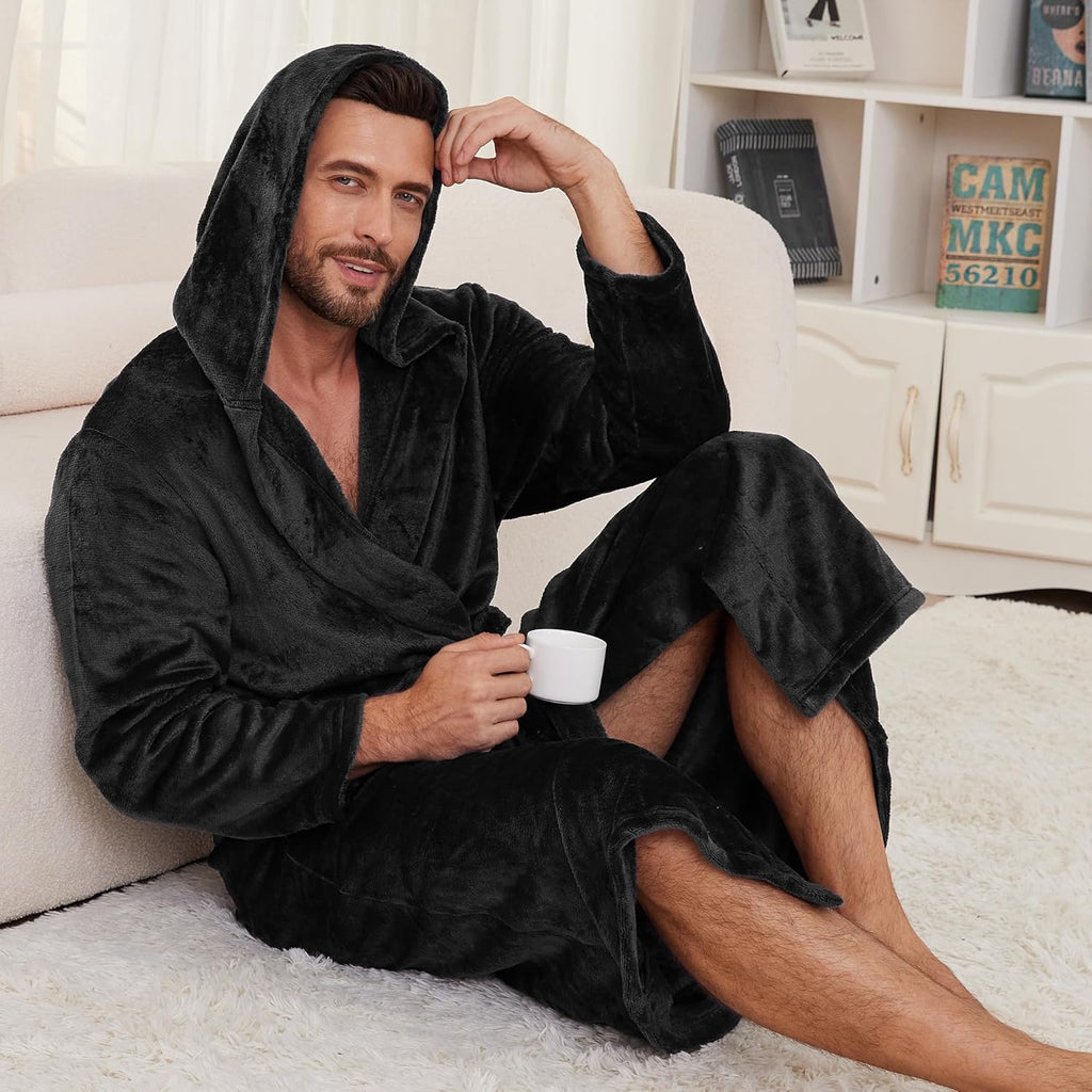 Mens Hooded Fleece Robe, Lightweight Soft Warm Fleece Bathrobe Shower Spa Long Robe With Pockets