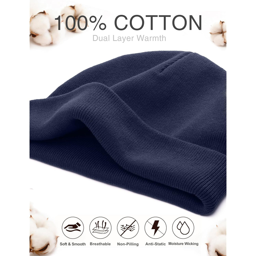 100% Cotton No Cuff Beanie Hat For Men Women, Cuffless Soft Warm Unisex Ribbed Knit Winter Fisherman Skull Cap