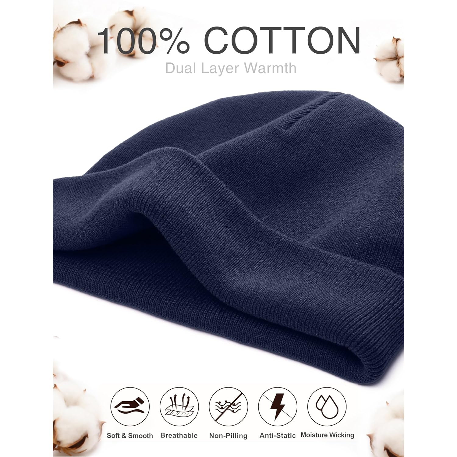 100% Cotton No Cuff Beanie Hat For Men Women, Cuffless Soft Warm Unisex Ribbed Knit Winter Fisherman Skull Cap