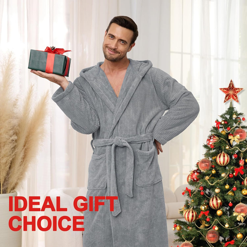 Men'S Bathrobes With Hood, Soft Long Towel Robe For Men - Super Absorbent Quick Dry Yet Warm