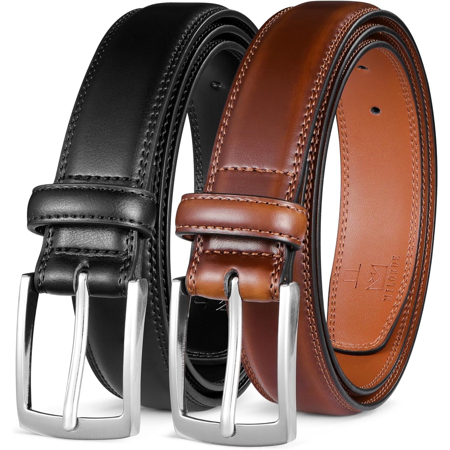Milorde Men'S Leather Dress Belt 2Pack, Handmade, Genuine Leather, Fashion & Classic Designs For Work Business And Casual