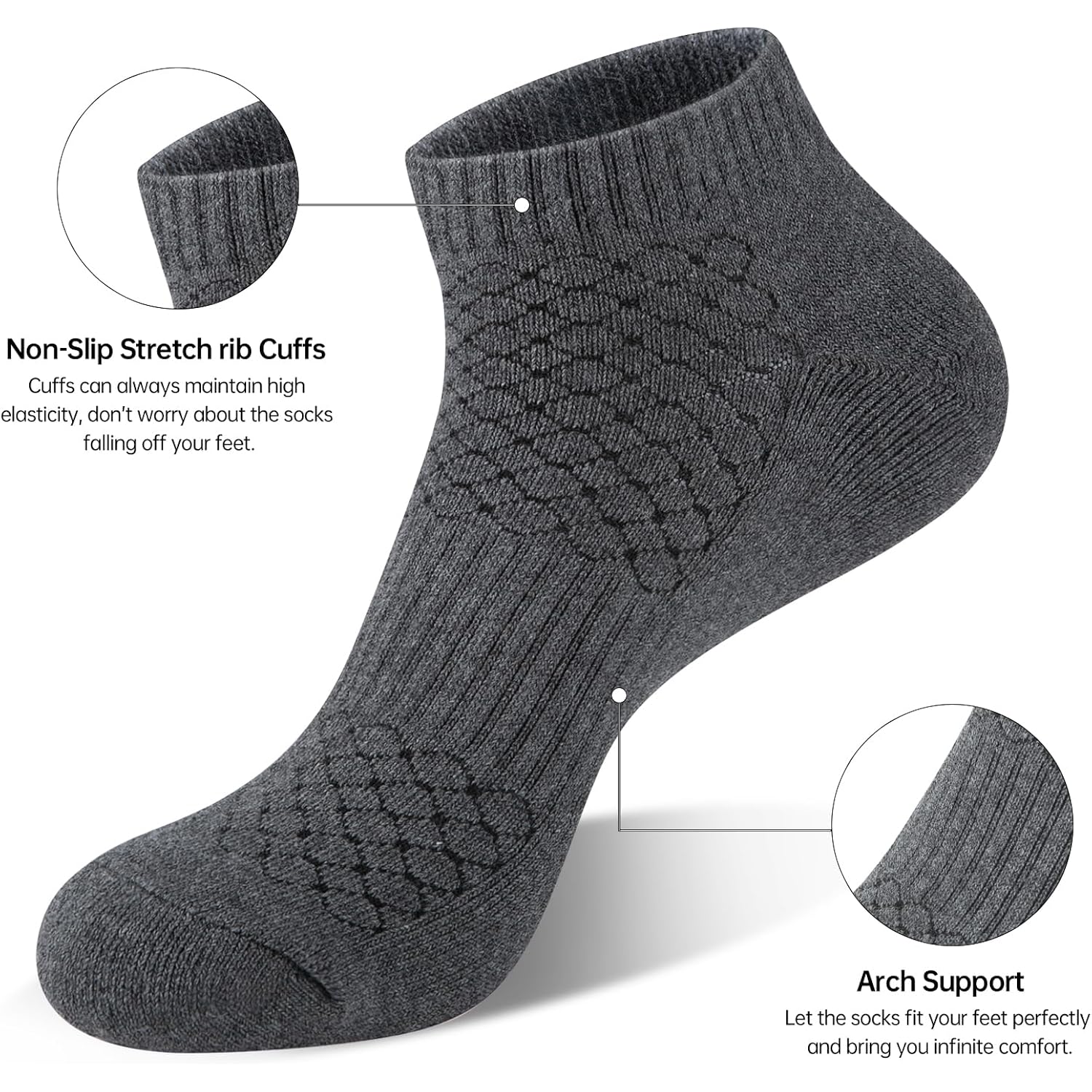 Mens 100% Cotton Cushioned Ankel Socks, Athletic Performance Running Moisture Wicking Breathable Socks