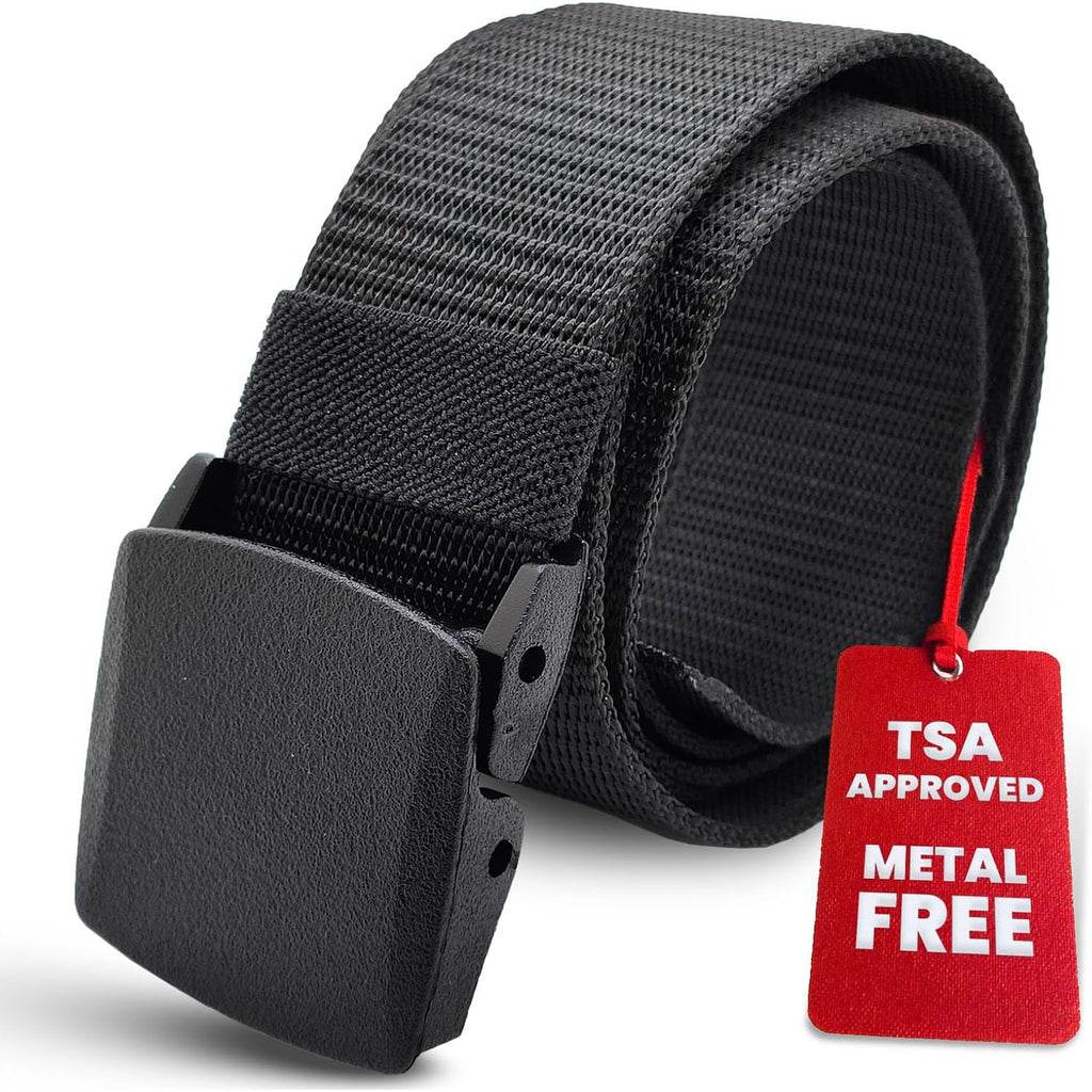 Shavit Mens Nylon Belt With Plastic Buckle, Work Web Belt For Men, Casual Adjustable Military Canvas Belts, Tsa Approved - Nickel Free - Non Metal Airport Friendly, Tsa Plastic Belts For Men Black