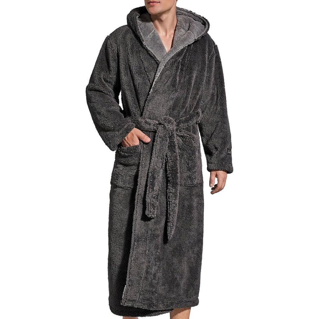 Slumbermee Mens Fleece Plush Robe With Hood Ultra Soft Fluffy Full Length Long With Pockets Luxurious House Coat