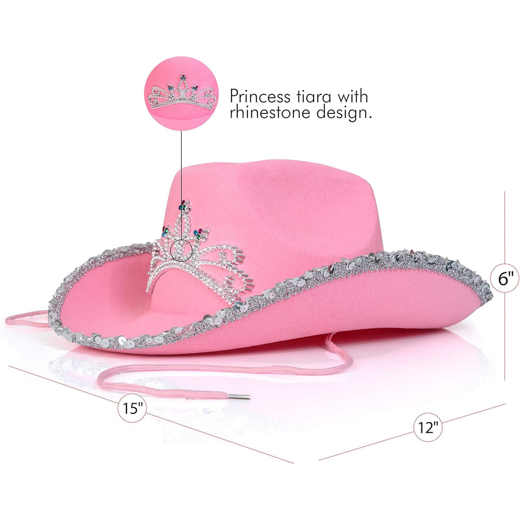 Skeleteen Pink Cowboy Hat - Pink Sequin Cowgirl Princess Hat With Crown Tiara Design