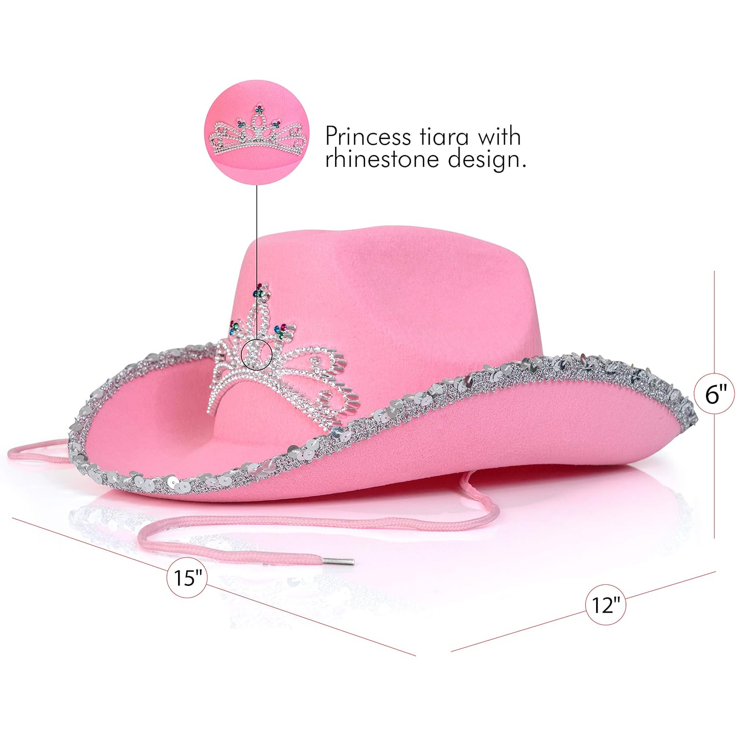 Skeleteen Pink Cowboy Hat - Pink Sequin Cowgirl Princess Hat With Crown Tiara Design