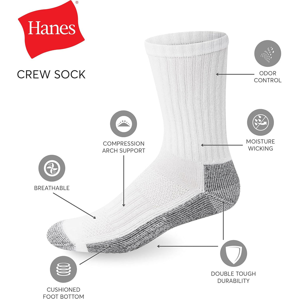 Hanes Men'S Work Socks, Cushioned Crew Socks, Moisture-Wicking Socks & Odor Control, Black & White, 6 & 12 Pack Available