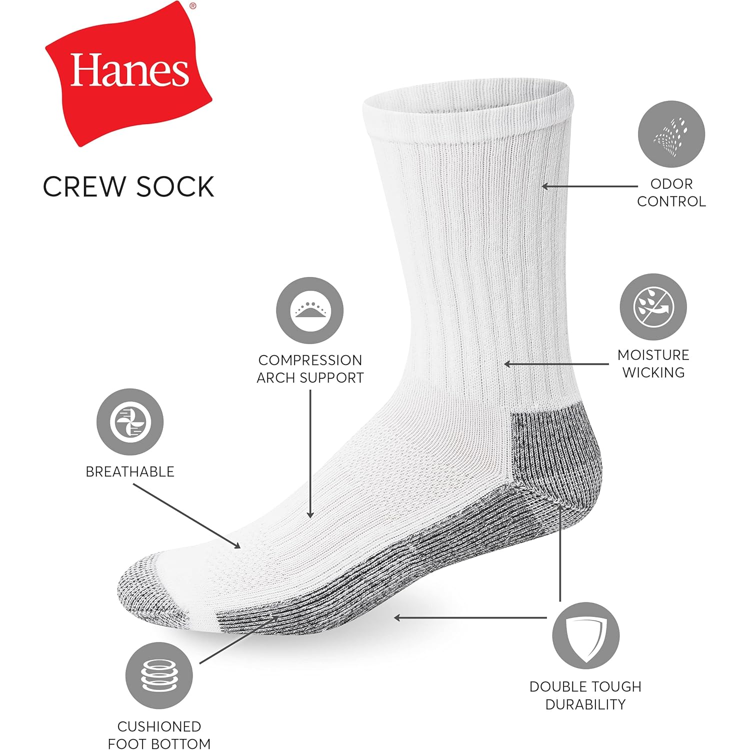 Hanes Men'S Work Socks, Cushioned Crew Socks, Moisture-Wicking Socks & Odor Control, Black & White, 6 & 12 Pack Available