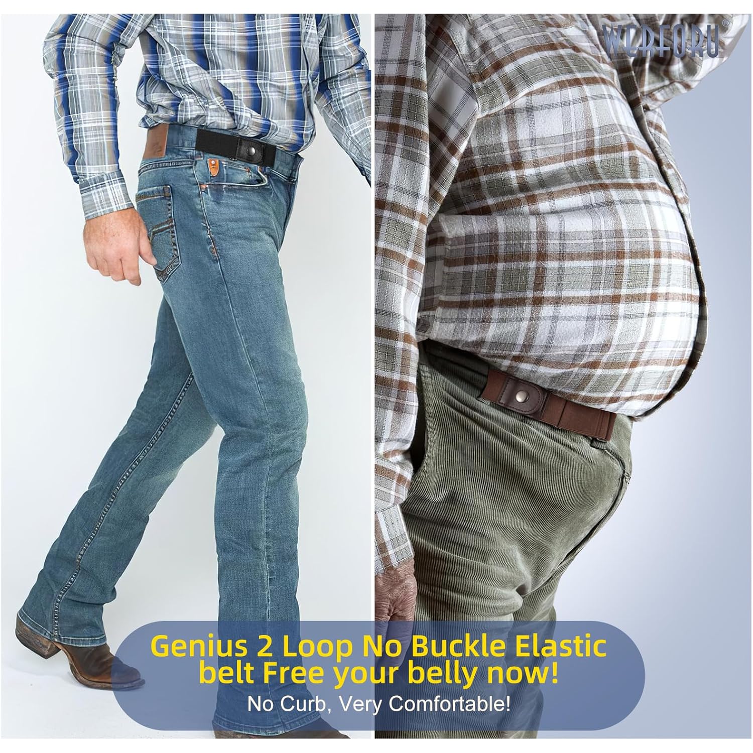 Werforu Men 2 Loop No Buckle Elastic Belt For Women Men Side Belts, Fit 1.5 Inch Belt Loop