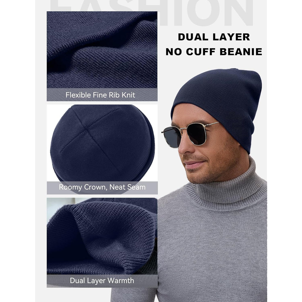 100% Cotton No Cuff Beanie Hat For Men Women, Cuffless Soft Warm Unisex Ribbed Knit Winter Fisherman Skull Cap