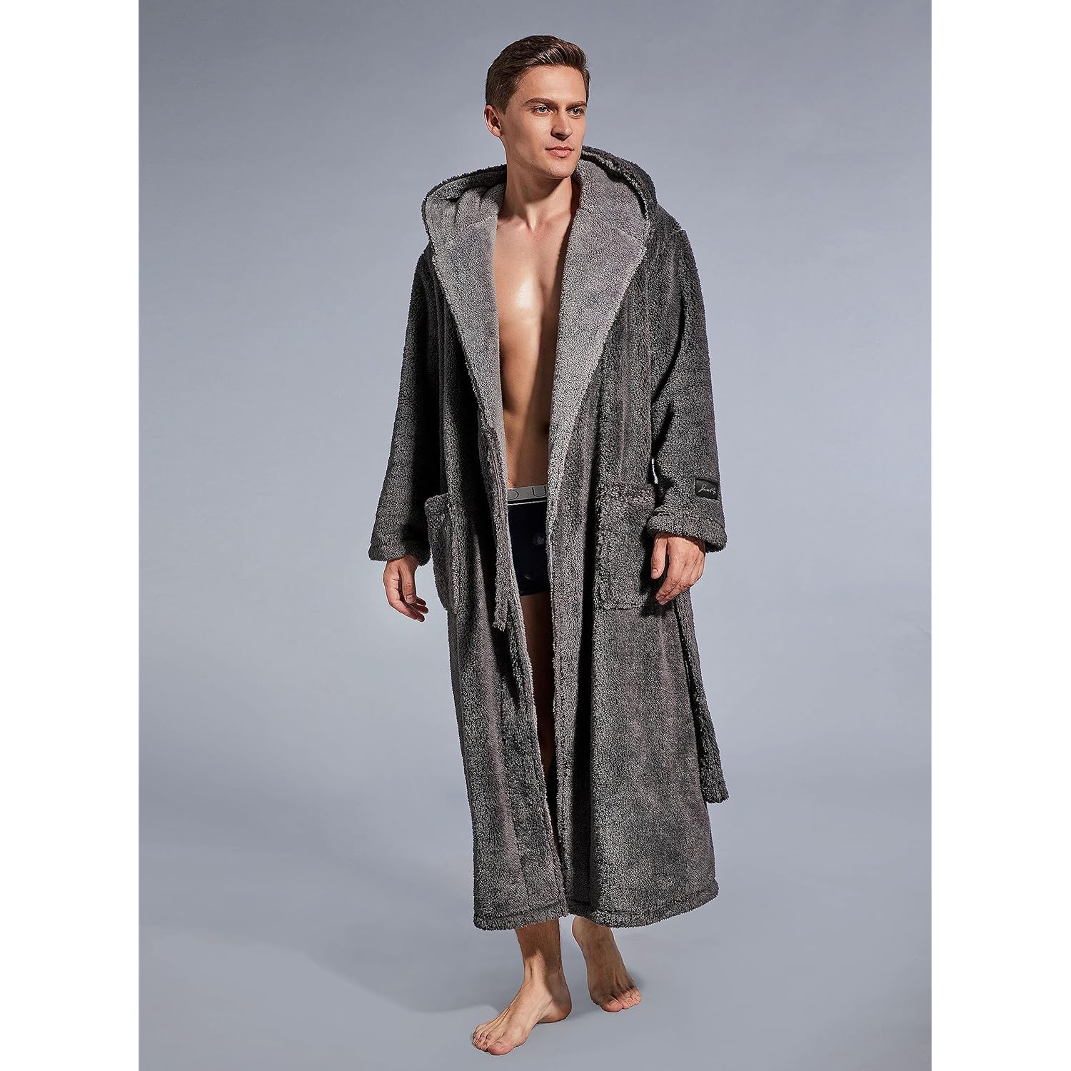 Slumbermee Mens Fleece Plush Robe With Hood Ultra Soft Fluffy Full Length Long With Pockets Luxurious House Coat