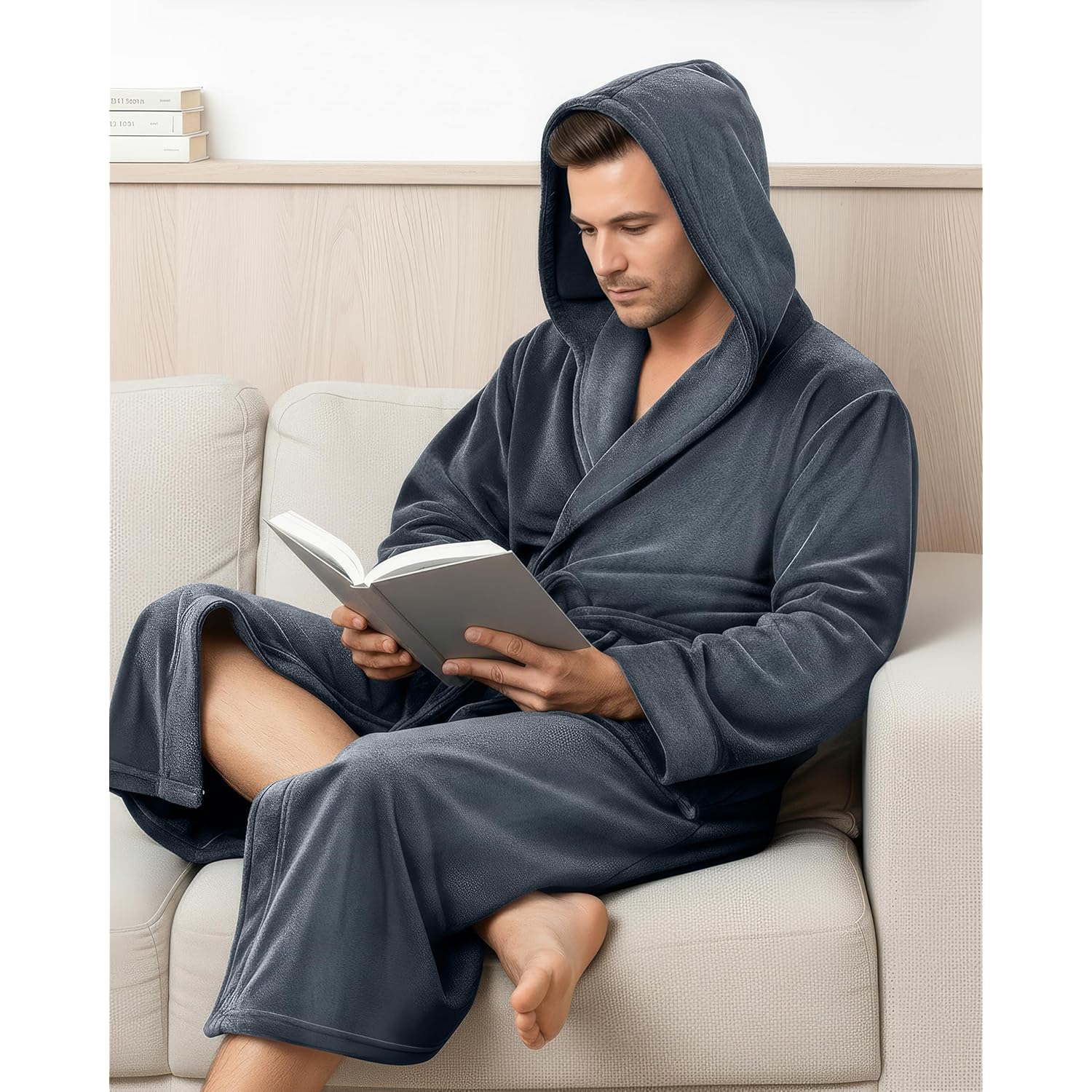 Ny Threads Mens Robe With Hood, Luxury Plush Fleece Hooded Mens Bathrobe, Spa Bath Robe For Men