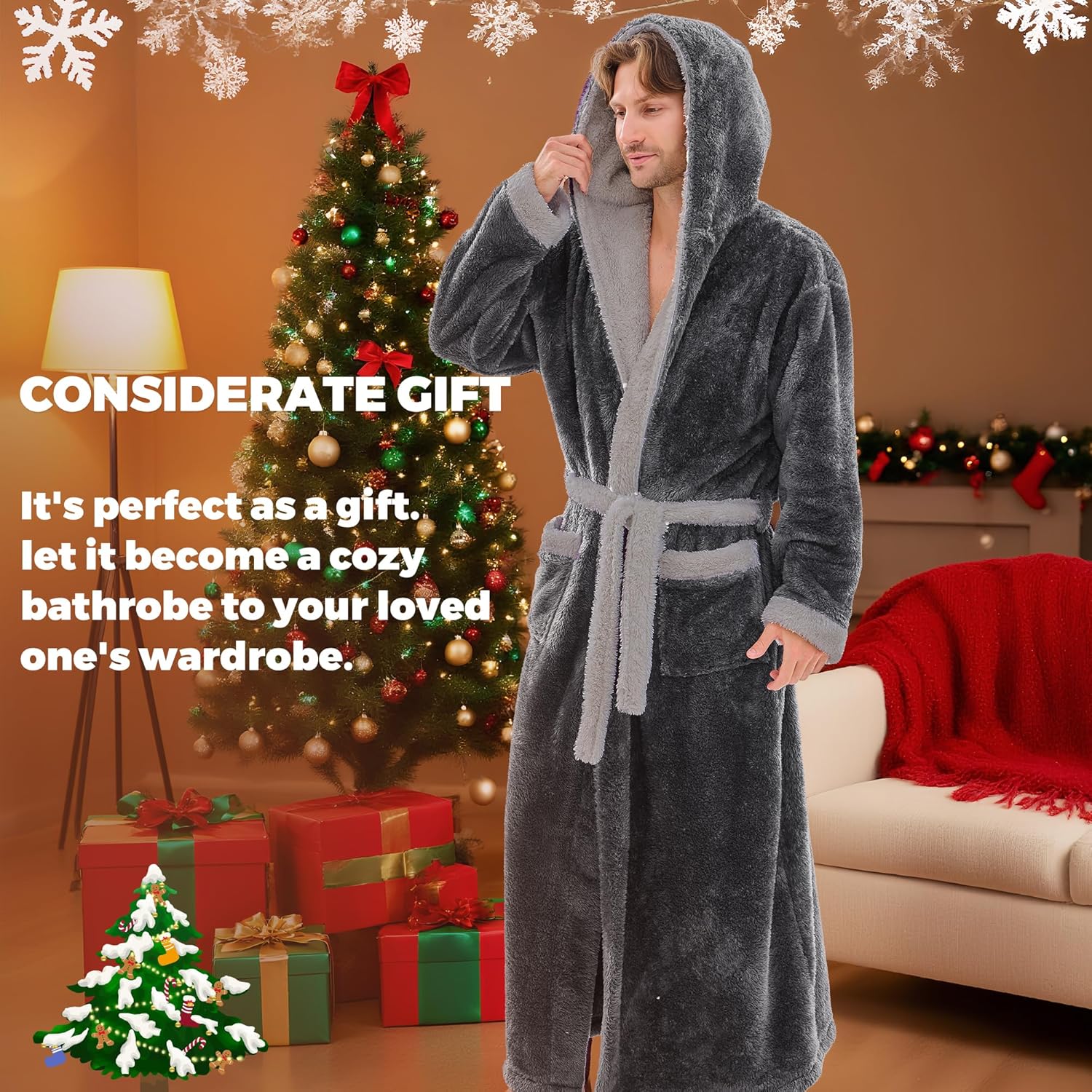 Mens Plush Robes Full Length, Big And Tall Fleece Hooded Bathrobe Warm Fluffy Cozy Winter Housecoat Floor Length