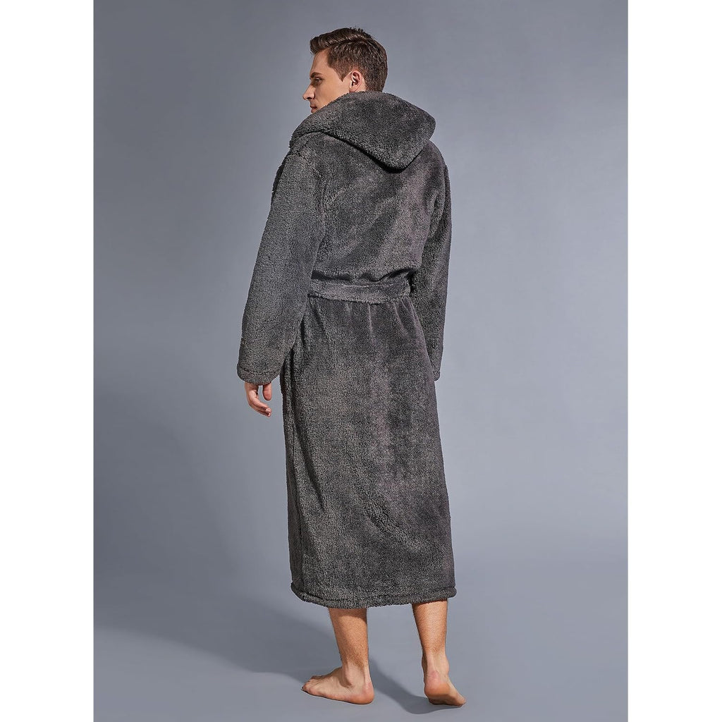 Slumbermee Mens Fleece Plush Robe With Hood Ultra Soft Fluffy Full Length Long With Pockets Luxurious House Coat