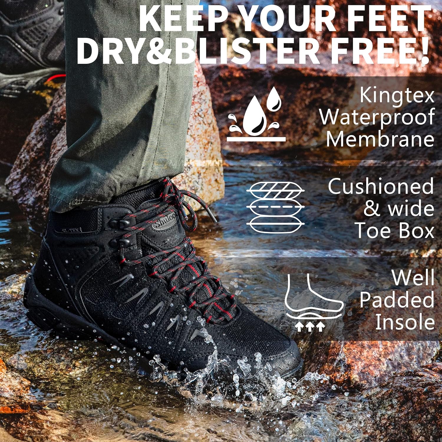 Shulook Men'S Waterproof Hiking Boots Non-Slip Lightweight Mid Top Ankle Boot Breathable Hiker Trekking Shoes