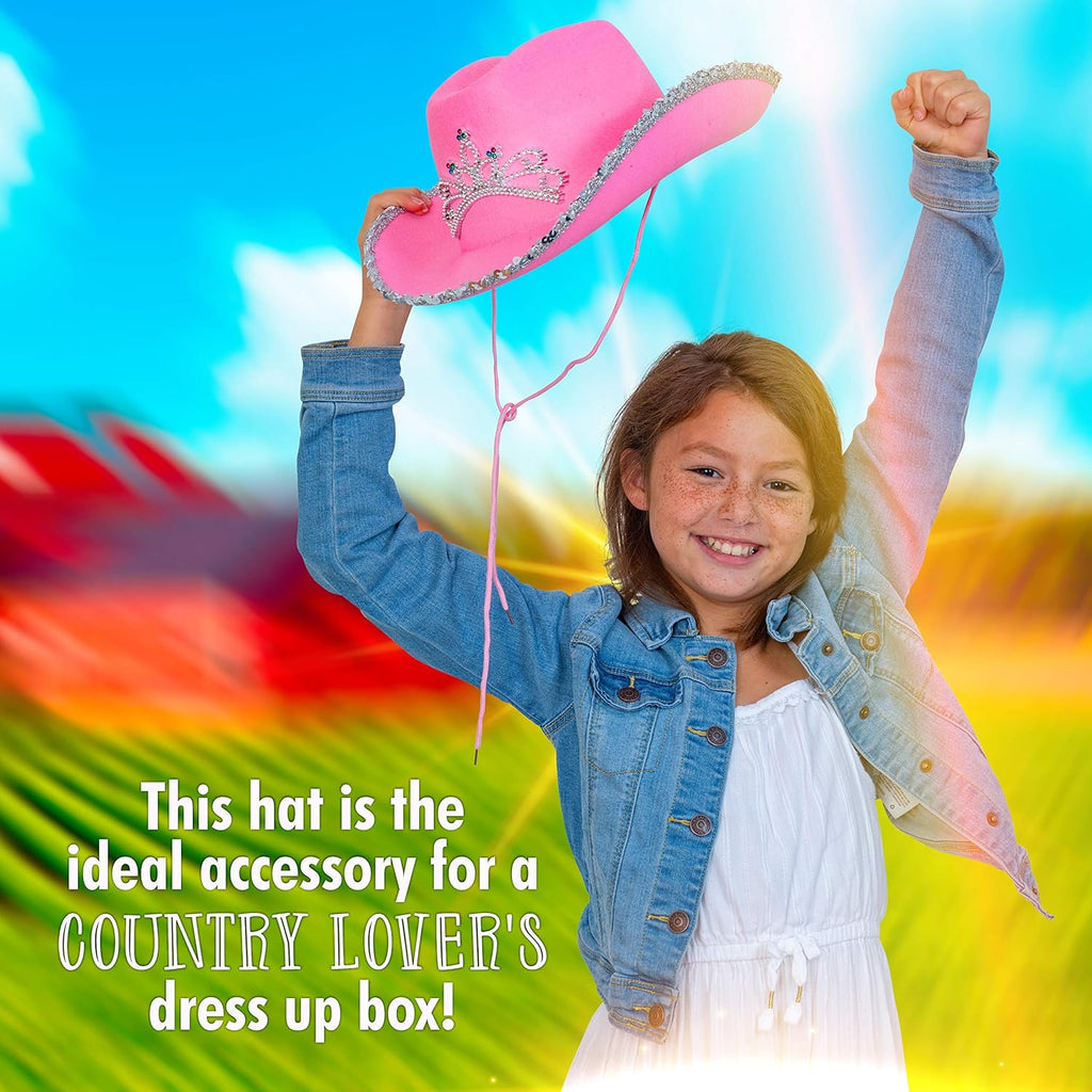 Skeleteen Pink Cowboy Hat - Pink Sequin Cowgirl Princess Hat With Crown Tiara Design