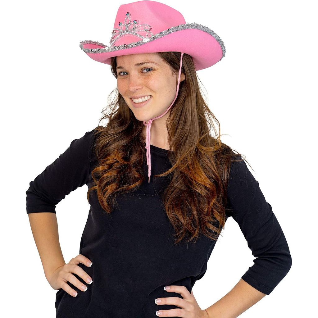Skeleteen Pink Cowboy Hat - Pink Sequin Cowgirl Princess Hat With Crown Tiara Design