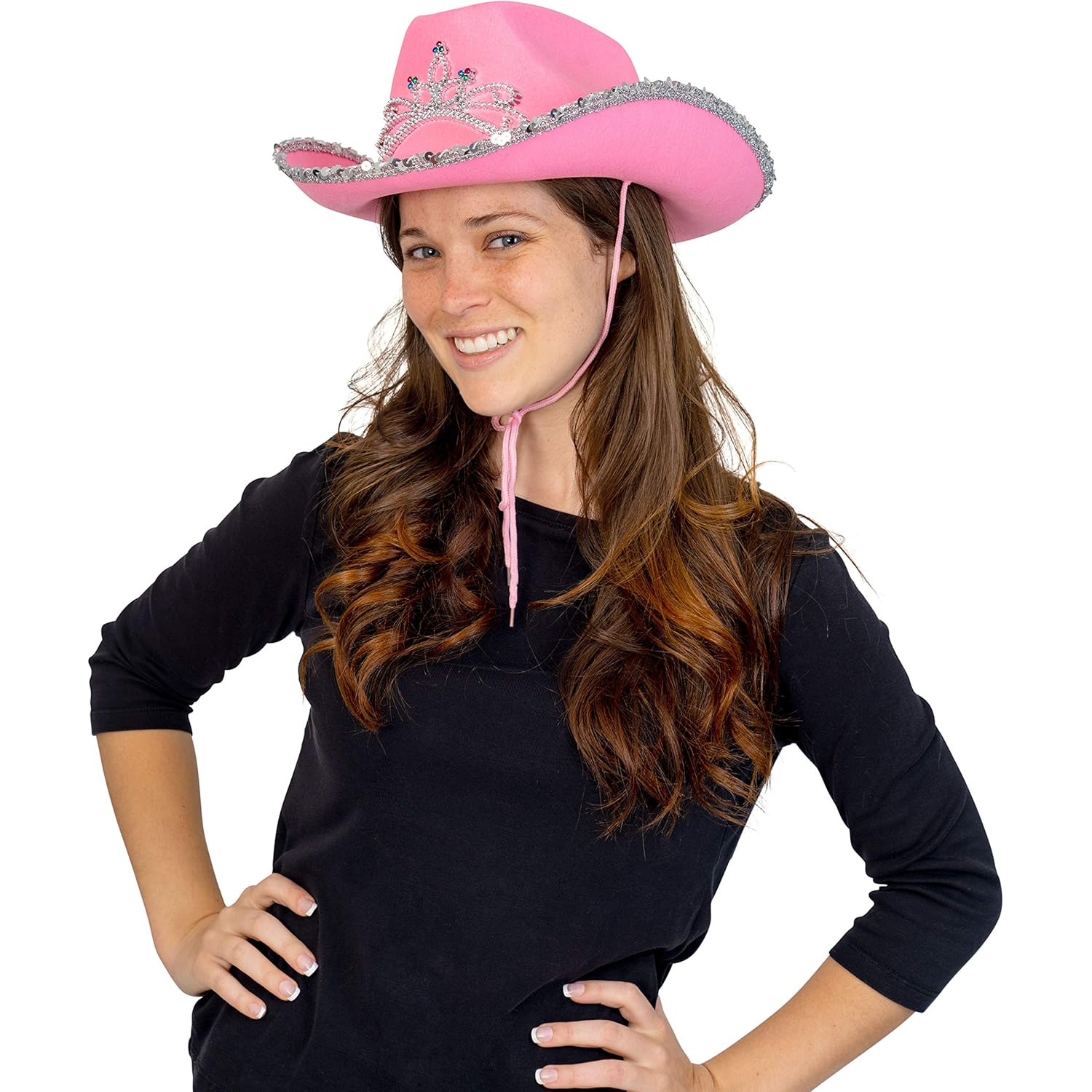 Skeleteen Pink Cowboy Hat - Pink Sequin Cowgirl Princess Hat With Crown Tiara Design