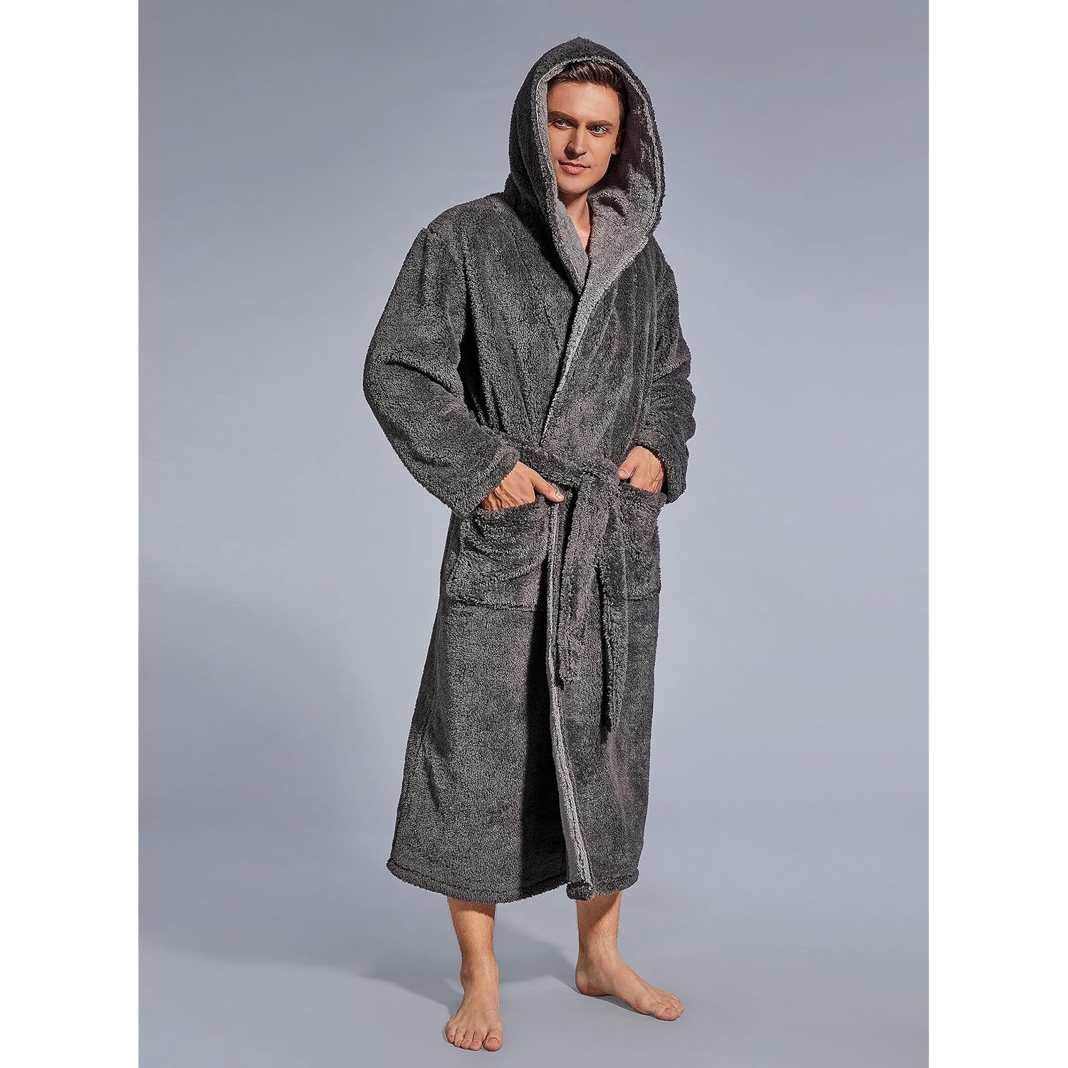 Slumbermee Mens Fleece Plush Robe With Hood Ultra Soft Fluffy Full Length Long With Pockets Luxurious House Coat