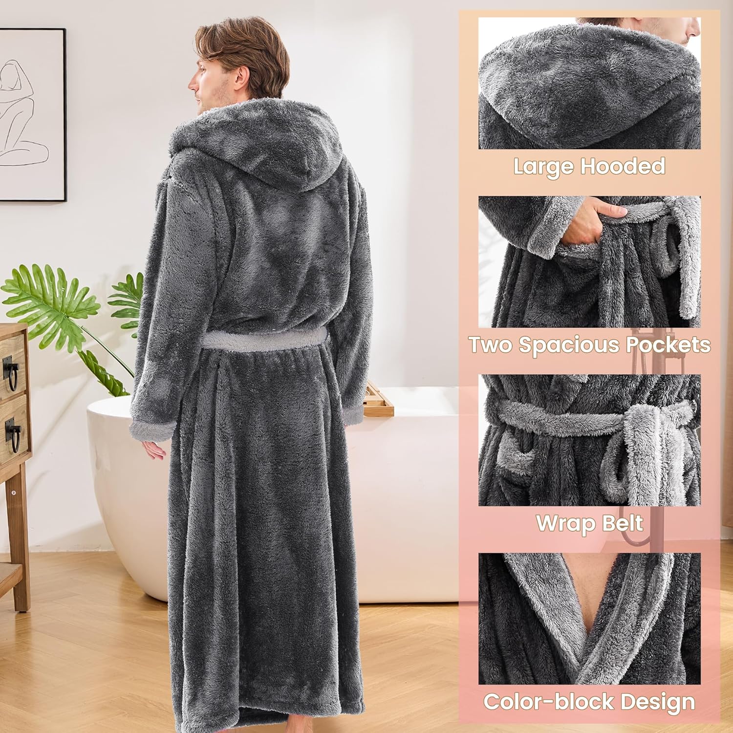 Mens Plush Robes Full Length, Big And Tall Fleece Hooded Bathrobe Warm Fluffy Cozy Winter Housecoat Floor Length
