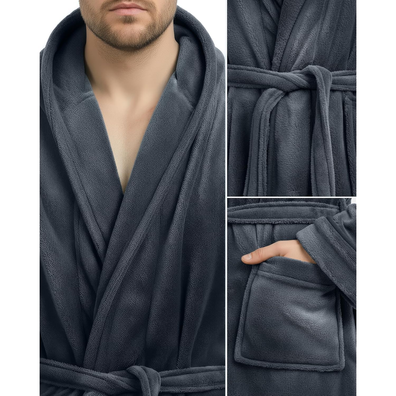 Ny Threads Mens Robe With Hood, Luxury Plush Fleece Hooded Mens Bathrobe, Spa Bath Robe For Men